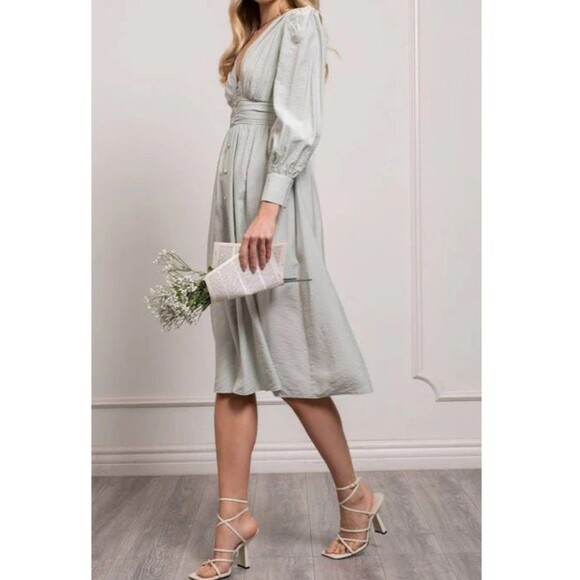 By The River NWT Mint Green Striped Dress Peasant Boho Size Medium Shimmery - Picture 2 of 16